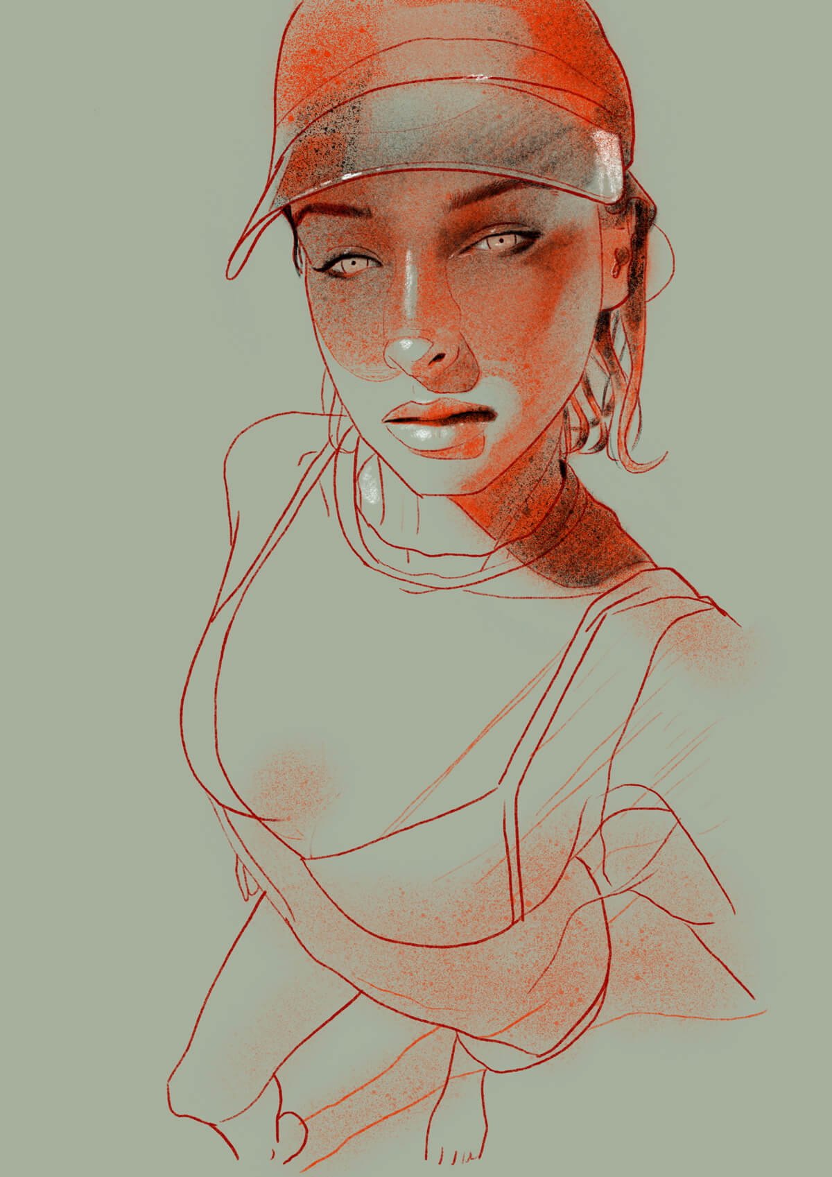 woman in bikini with sun visor linework with detailed face in red