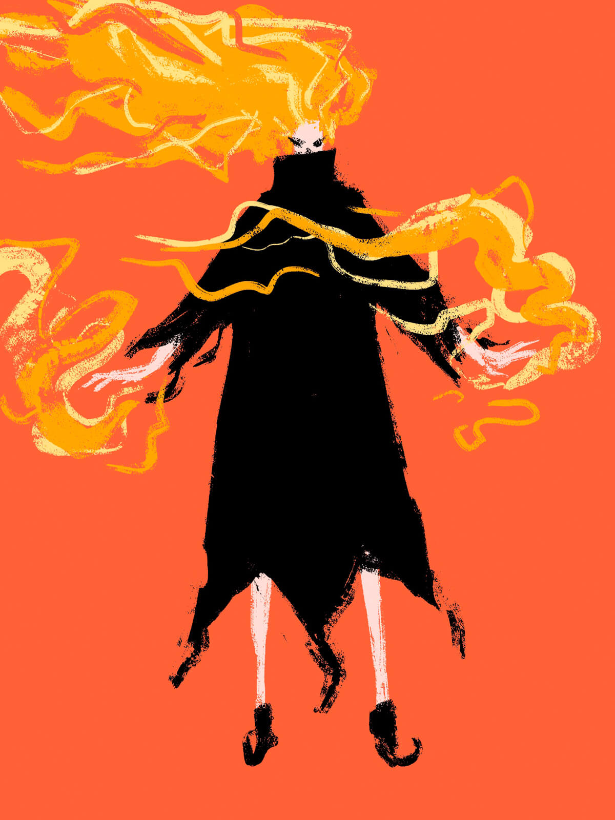 flame girl in full form, flames coming from her hands and head, digital