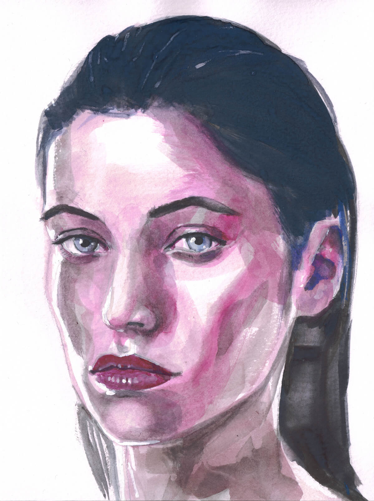 gouache portrait of a womans head in purple