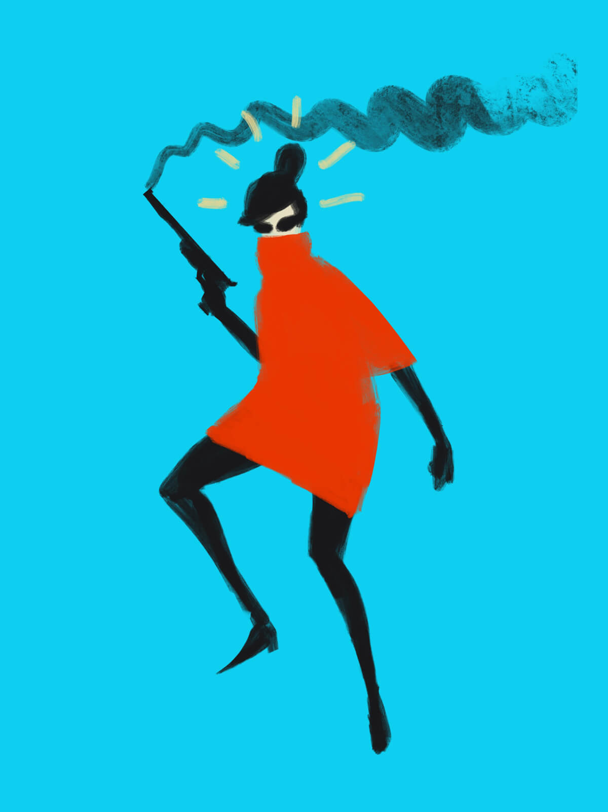 the Lady in Red Cape holding a smoking gun, digital painting