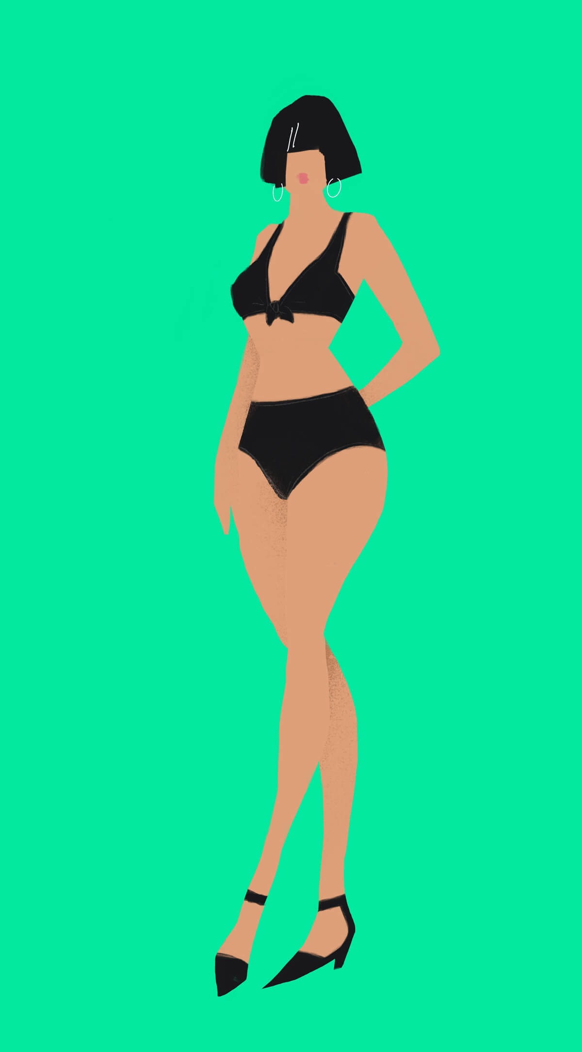 A woman with a bob cut in her black bikini. Lady in Red Cape style digital painting.
