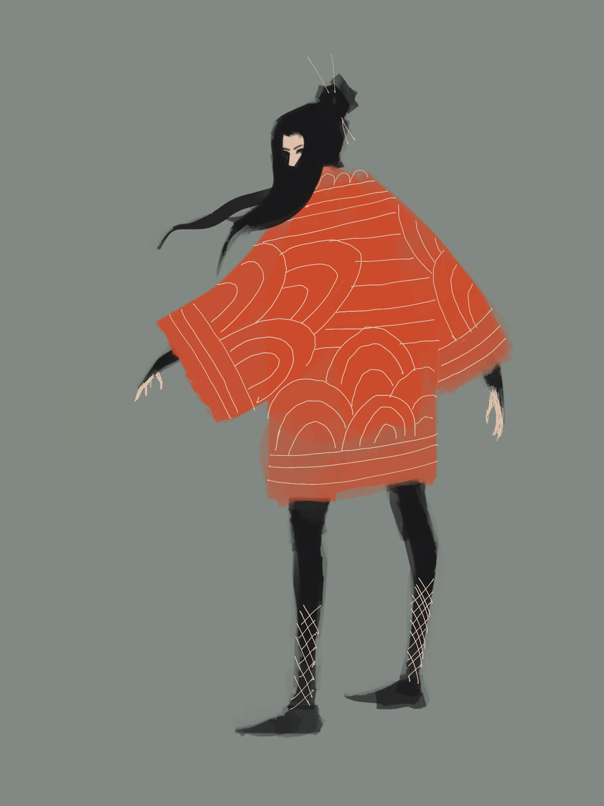 Lady in Red Cape in feudal japanese attire.