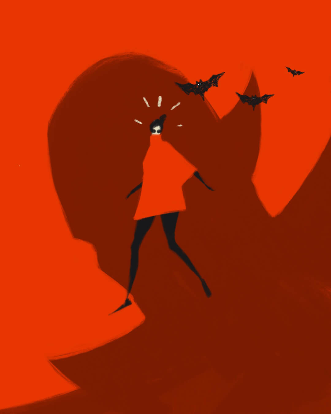 Lady in Red Cape Poster with bats and a shadow of the Vampire Daddy, all in Red Colours.