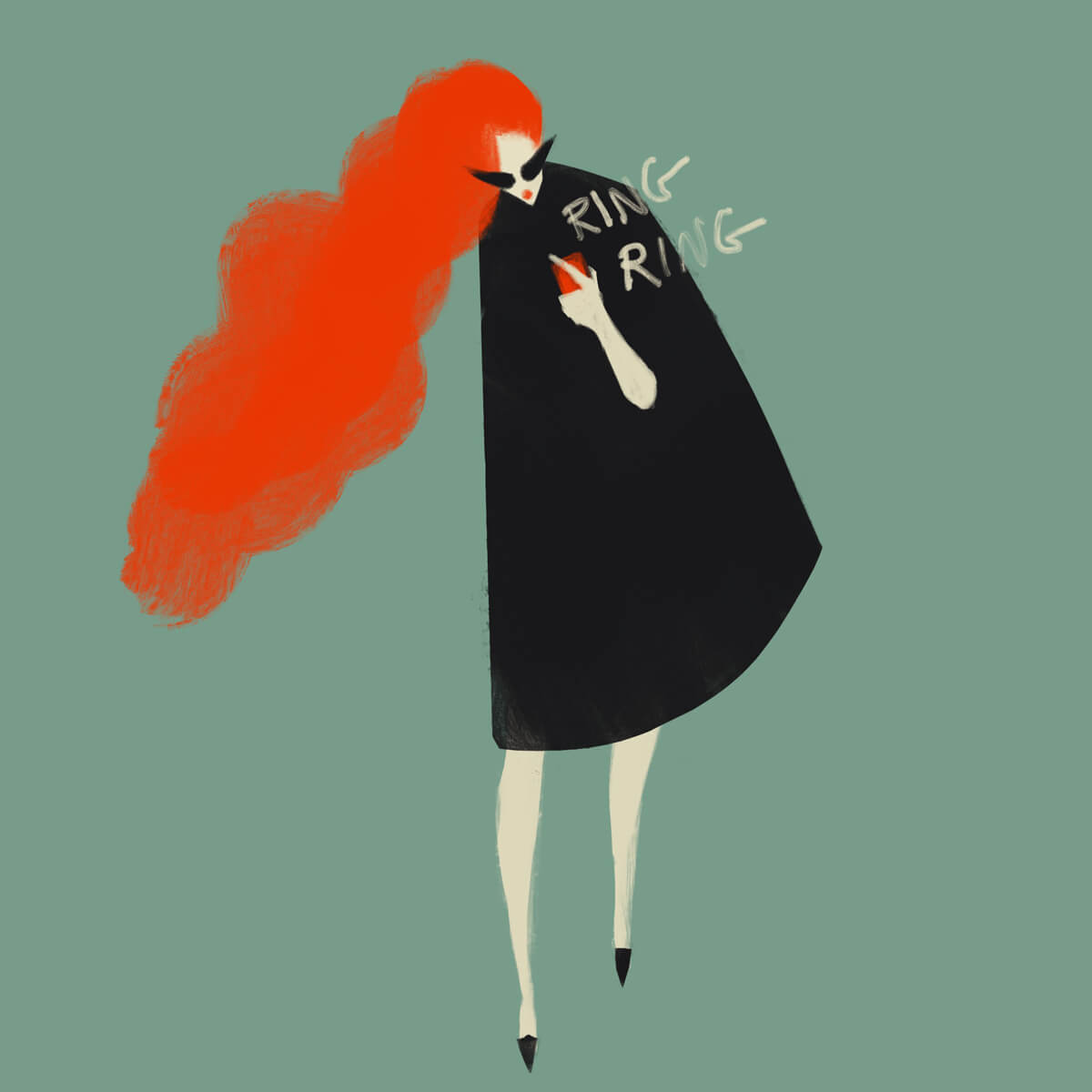 Ring Ring getting a phone call. Lady in Red Cape Style Character Study.