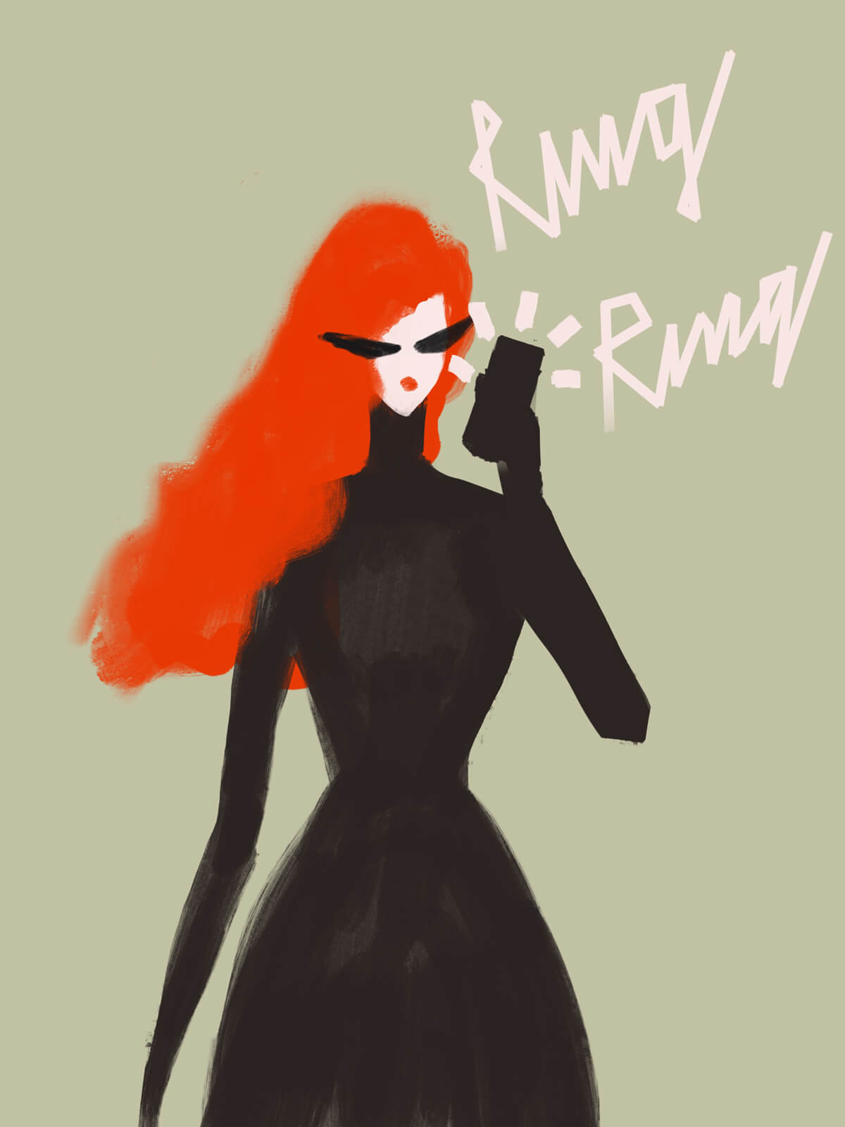 Ring ring getting a call. Woman with red hair in black outfit.