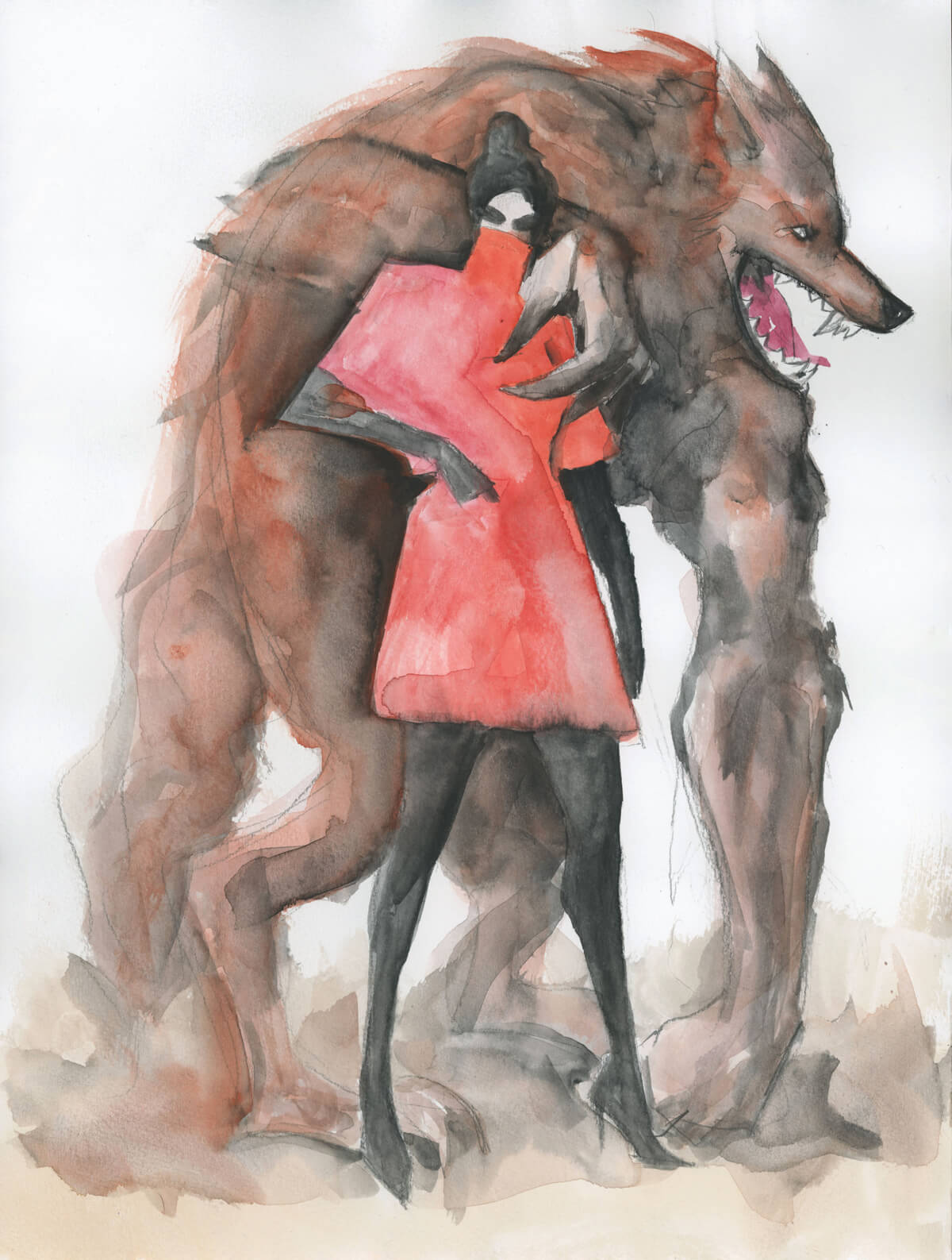 red riding hood and werewolf watercolour painting