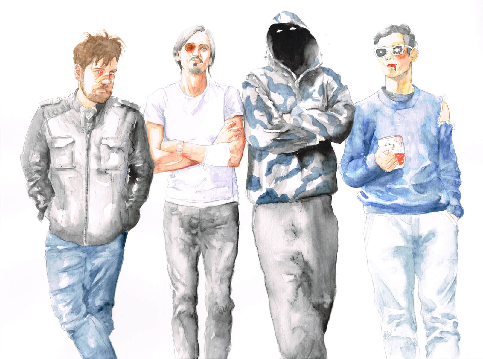 Watercolour Painting of the Bandmembers form YSSTOG, all beat up.