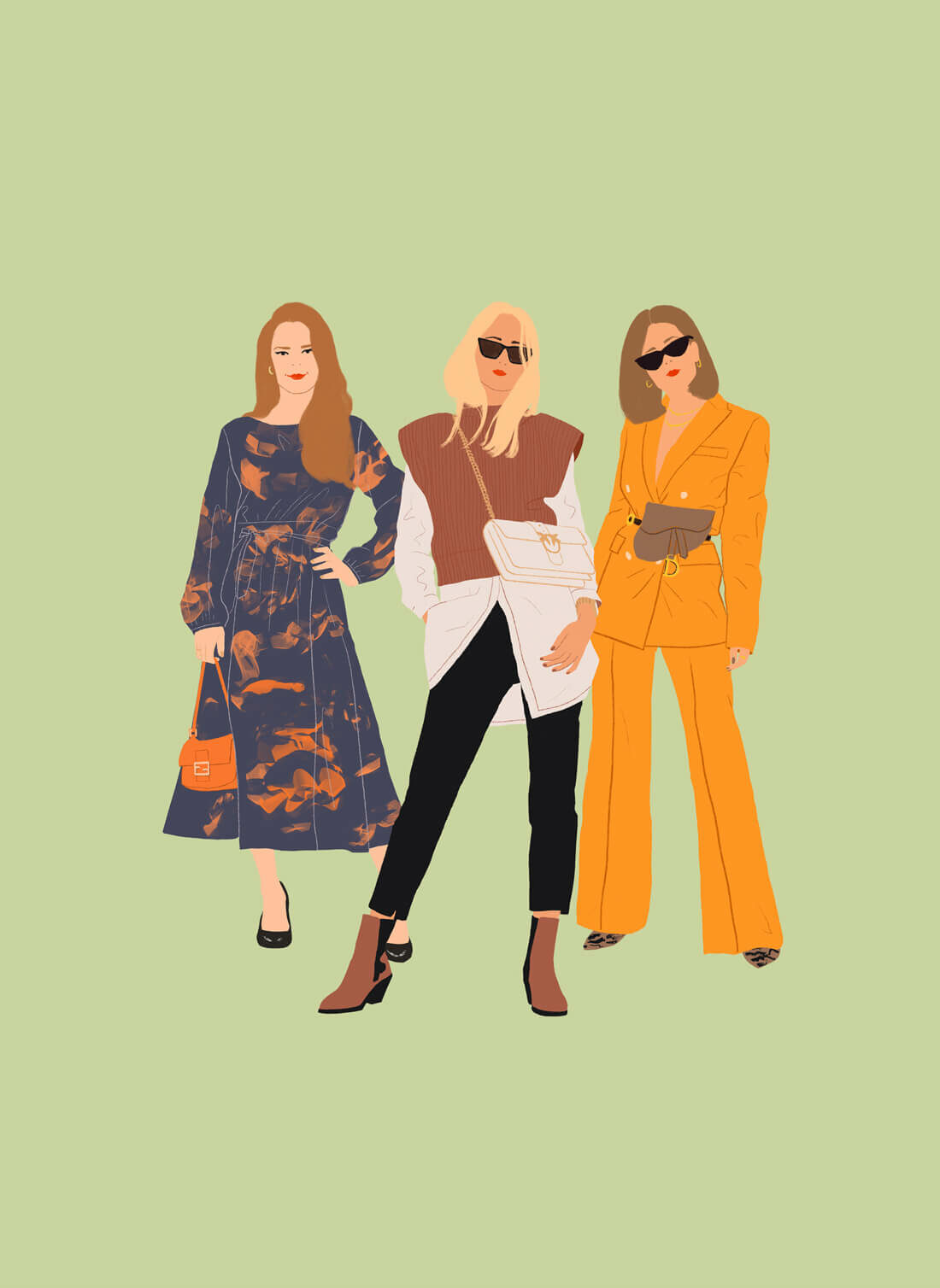 Three stylish women posing togehter. Commission. Lady in Red Cape Style.
