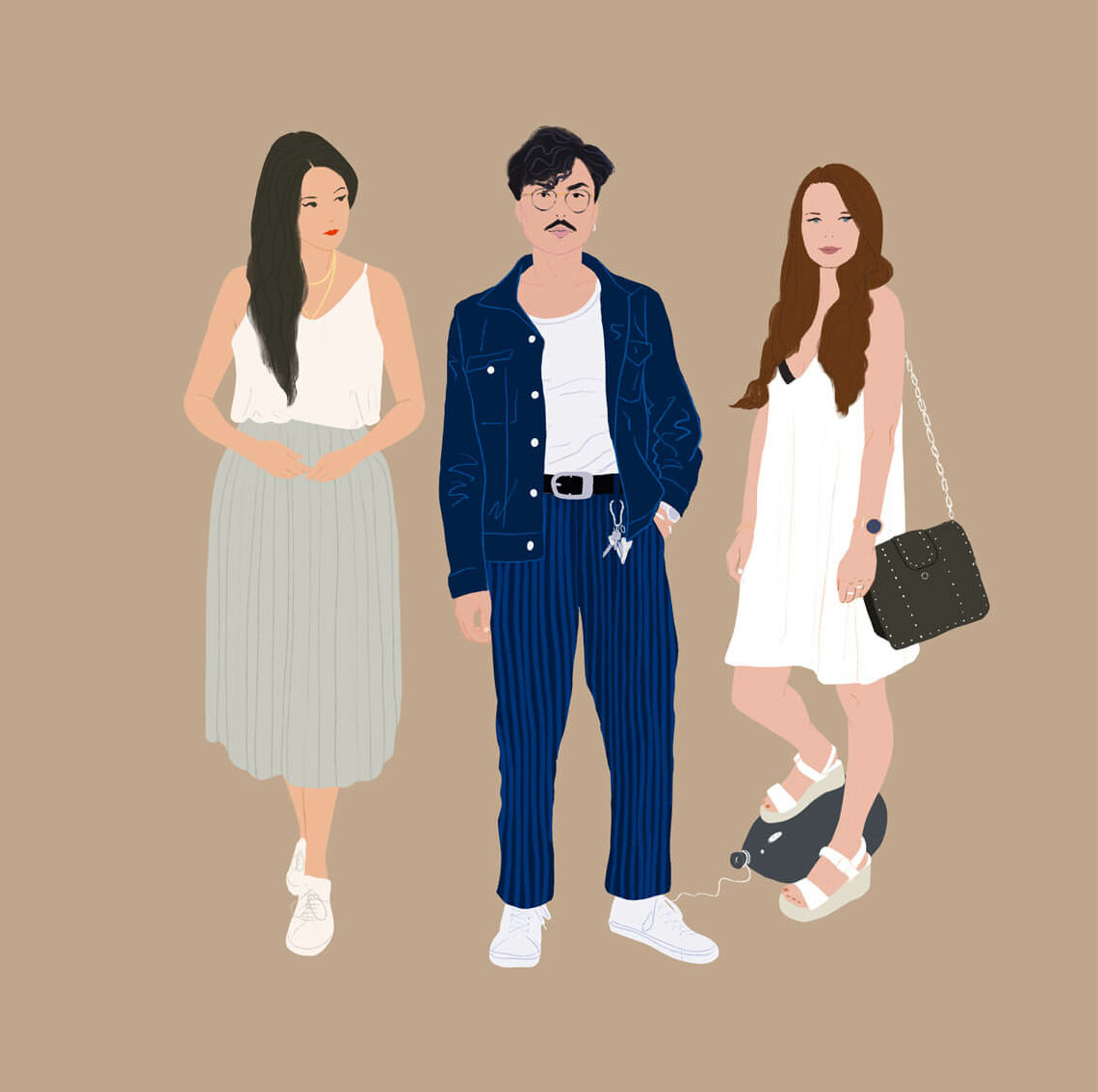 Private Commission. A birthday present. A stylish man surrounded by two female friends. Lady in Red Cape Style.