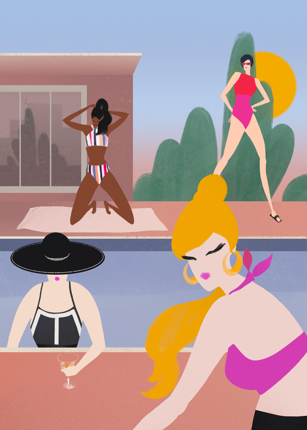 Four women and a pool, wearing bathing suits. For the Maxima Magazine.