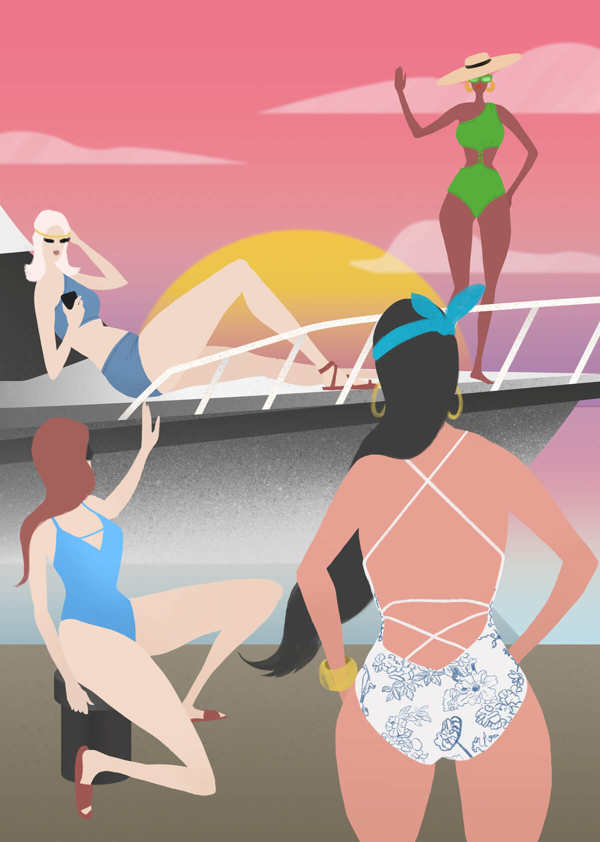Four women on a yacht, wearing bathing suits. For the Maxima Magazine.