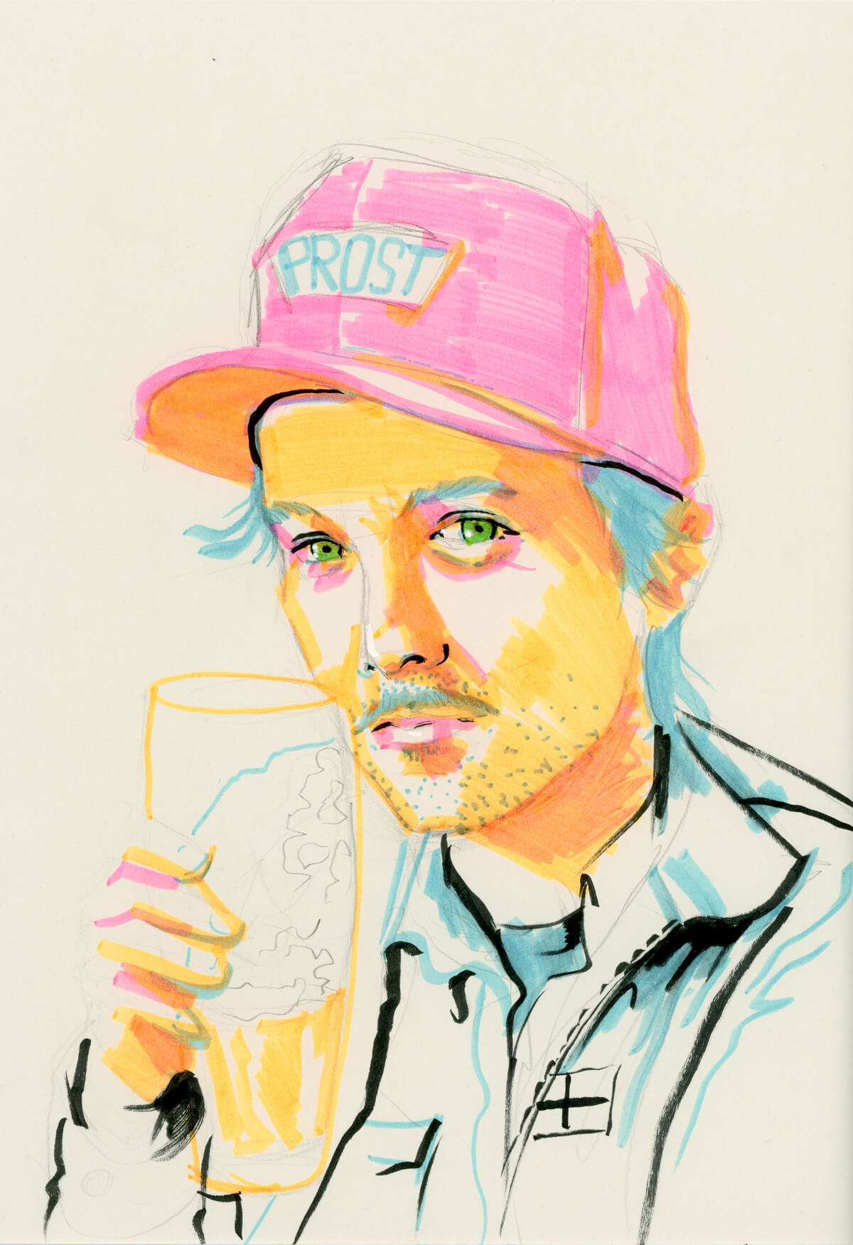 man drinking beer with cap marker drawing