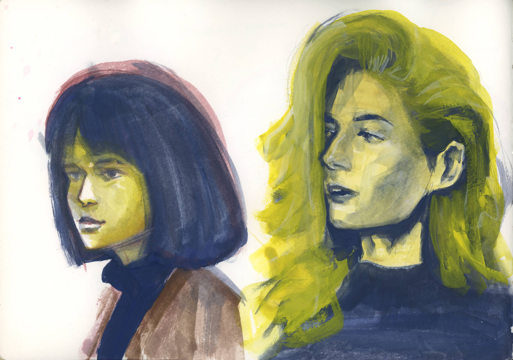 two women painted in gouache in a sketchbook