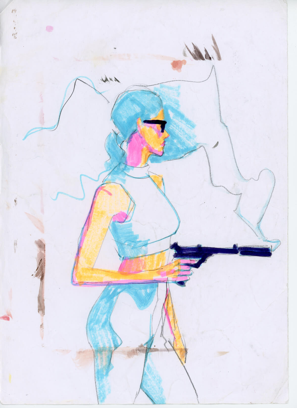 girl with gun marker and pencil sketch