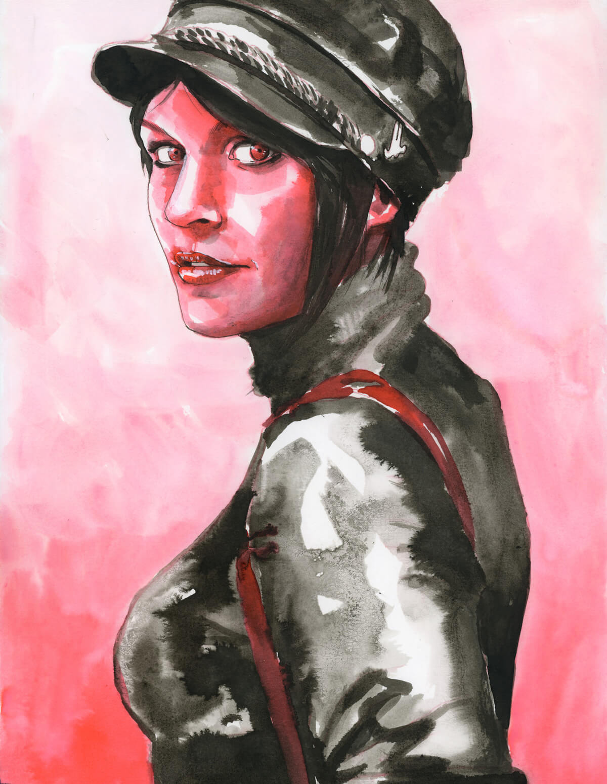 woman with hat in red and black ink portrait