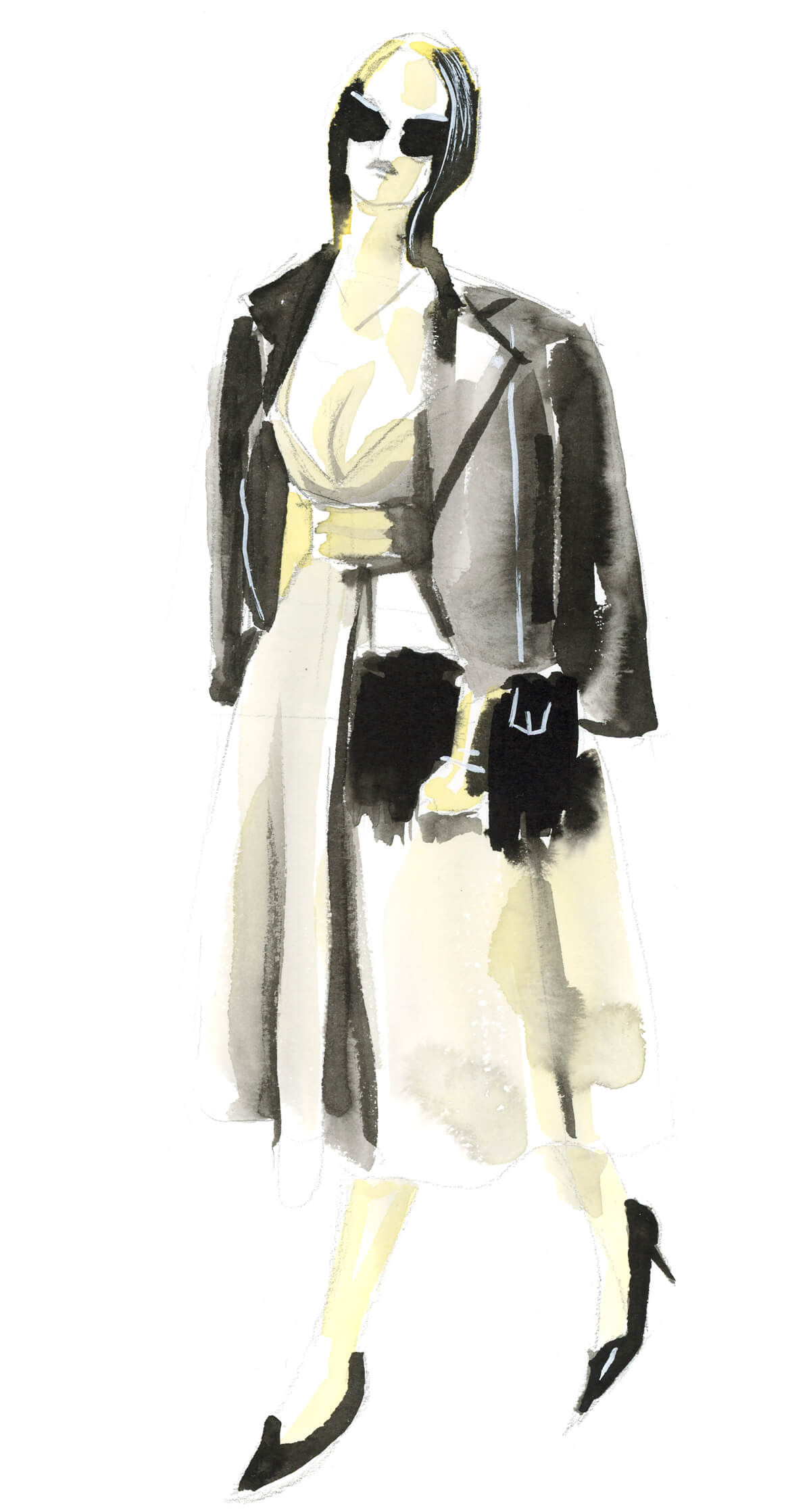 woman in full outfit in yellow and black ink drawing