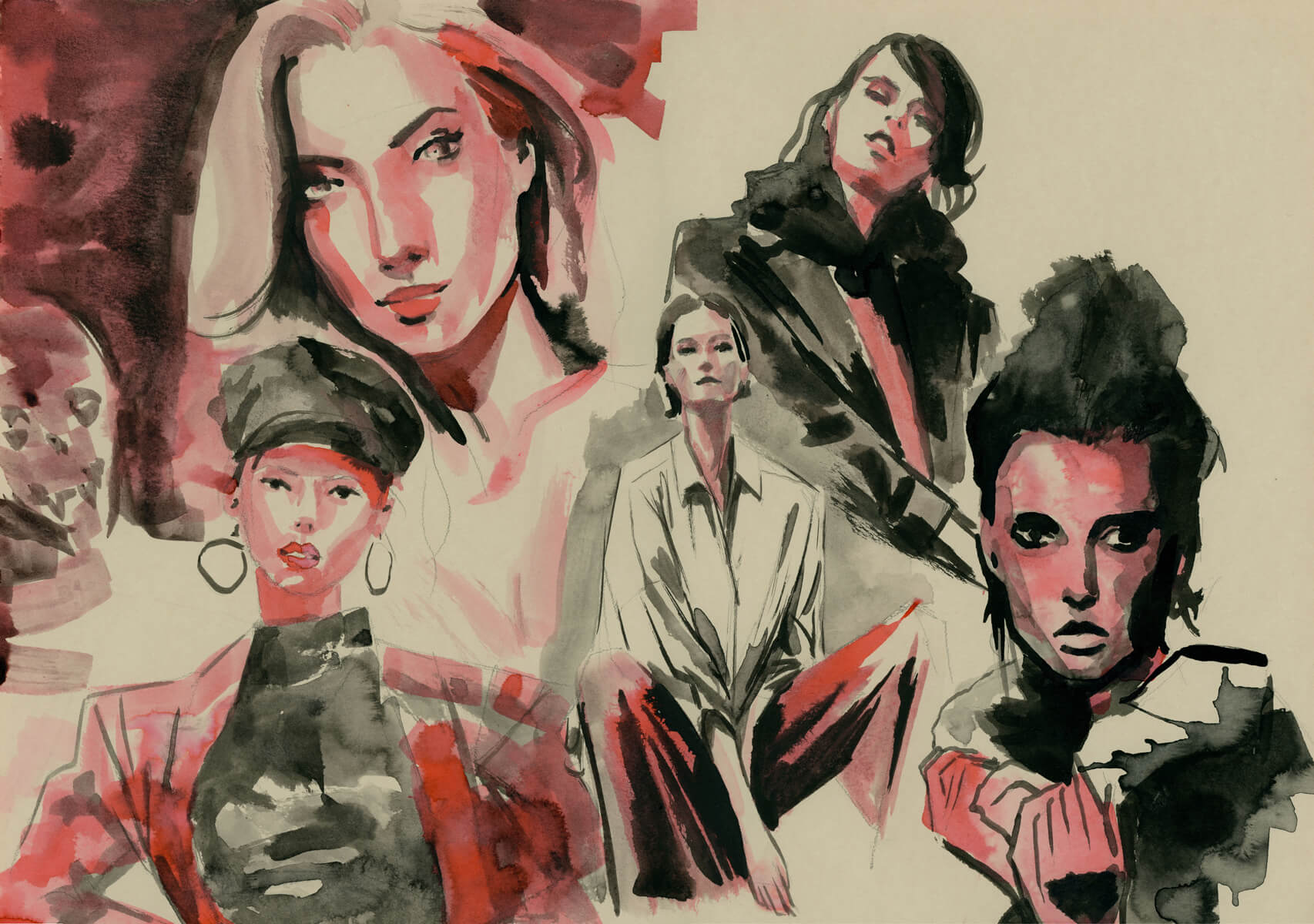 painting with multiple women in red and black ink