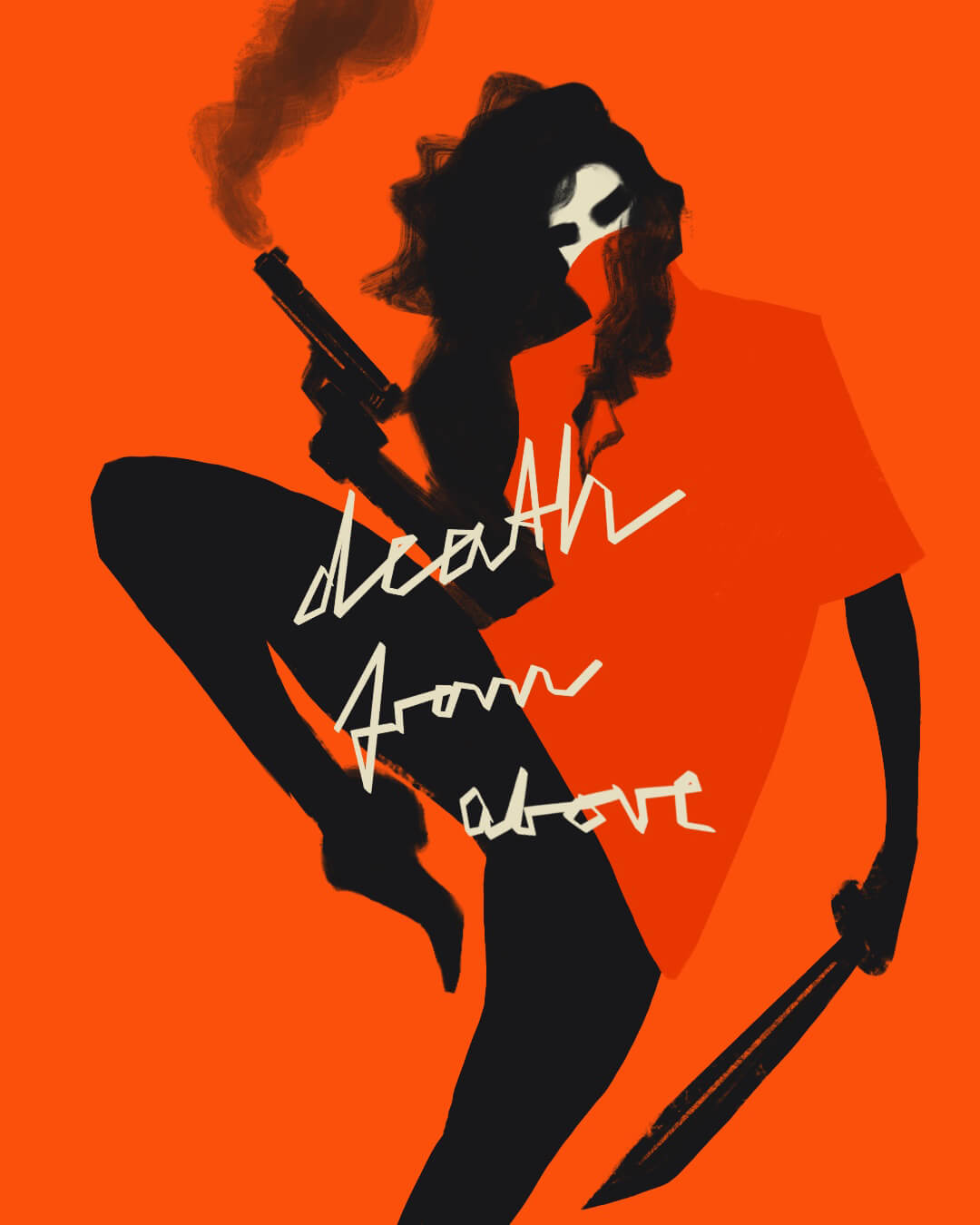 Lady in Red Cape holding a smoking gun and a machette in jumping pose with open hair and "death from above" written over this digital painting.
