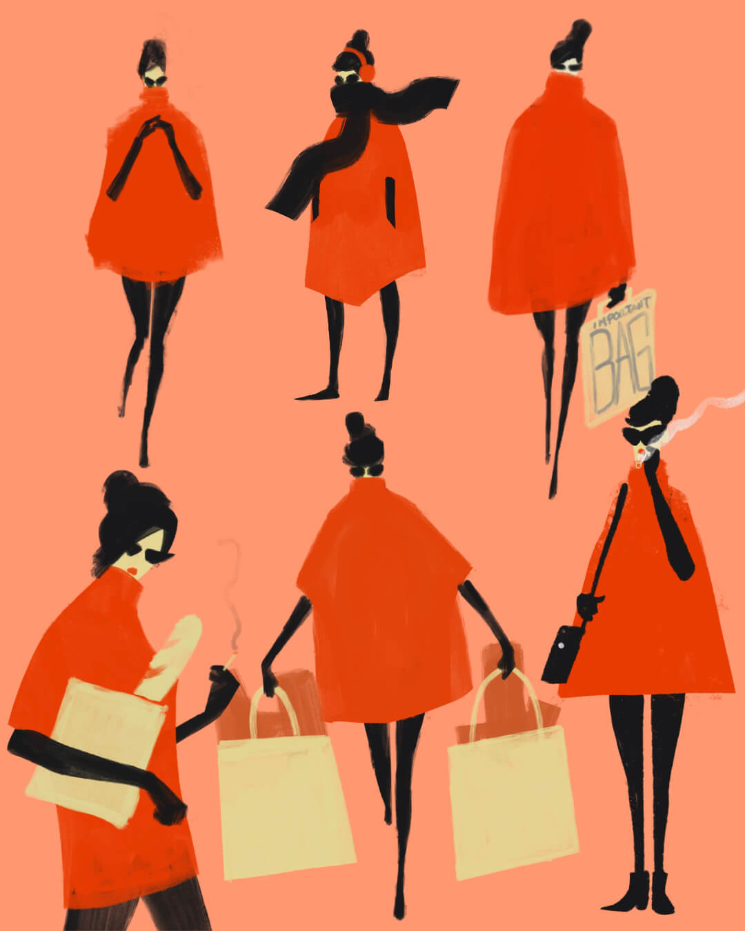 the Lady in Red Cape in multiple poses, digital painting