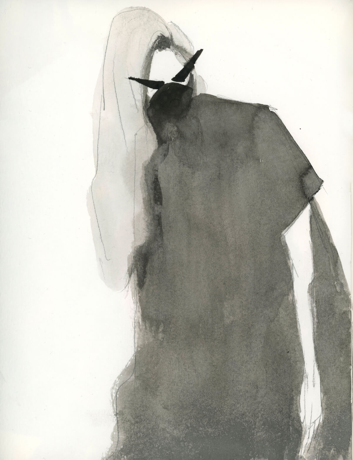 raw scribble of a woman with ink wash