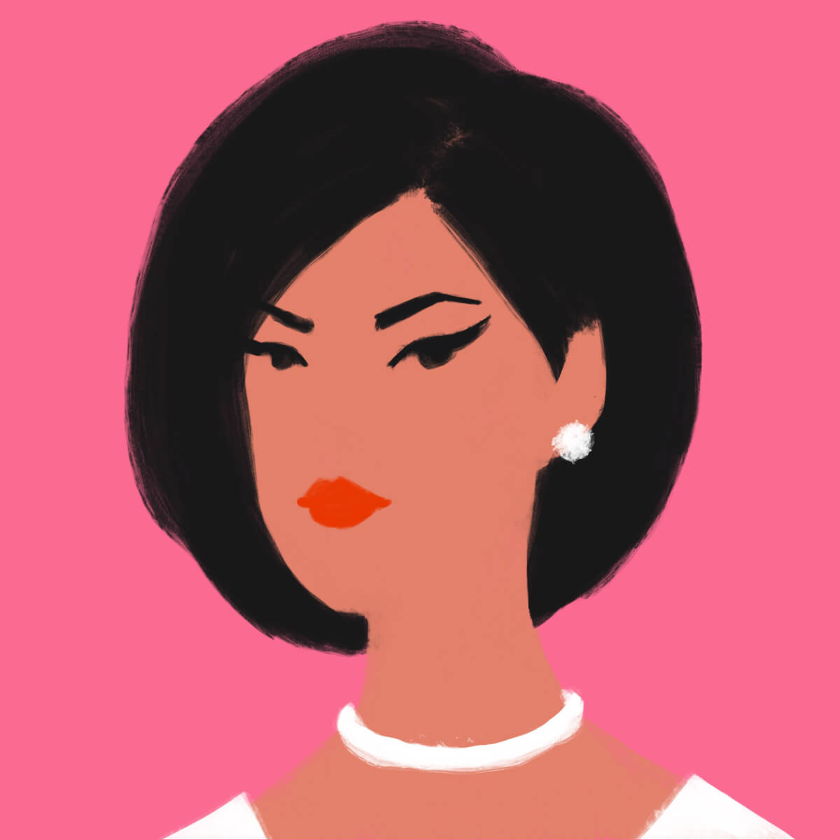 Posh Lady with pearl earrings, minimal style portrait.