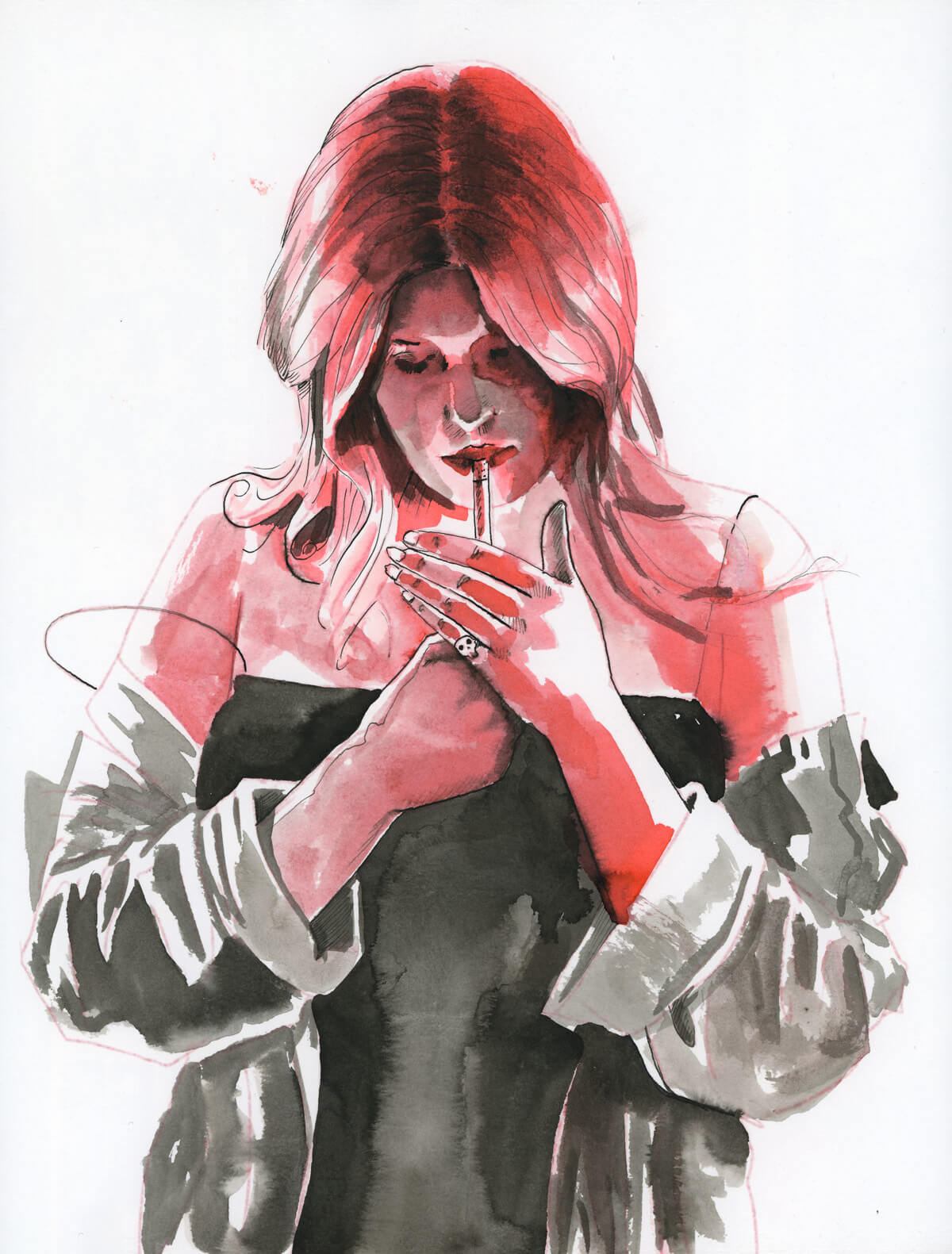 woman smoking in red and black ink