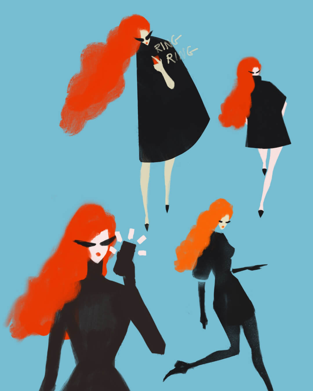 Ring Ring in different poses composition. Lady in Red Cape Style.