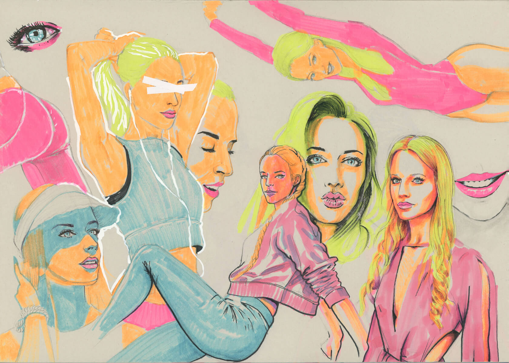girl in different poses neon marker drawing