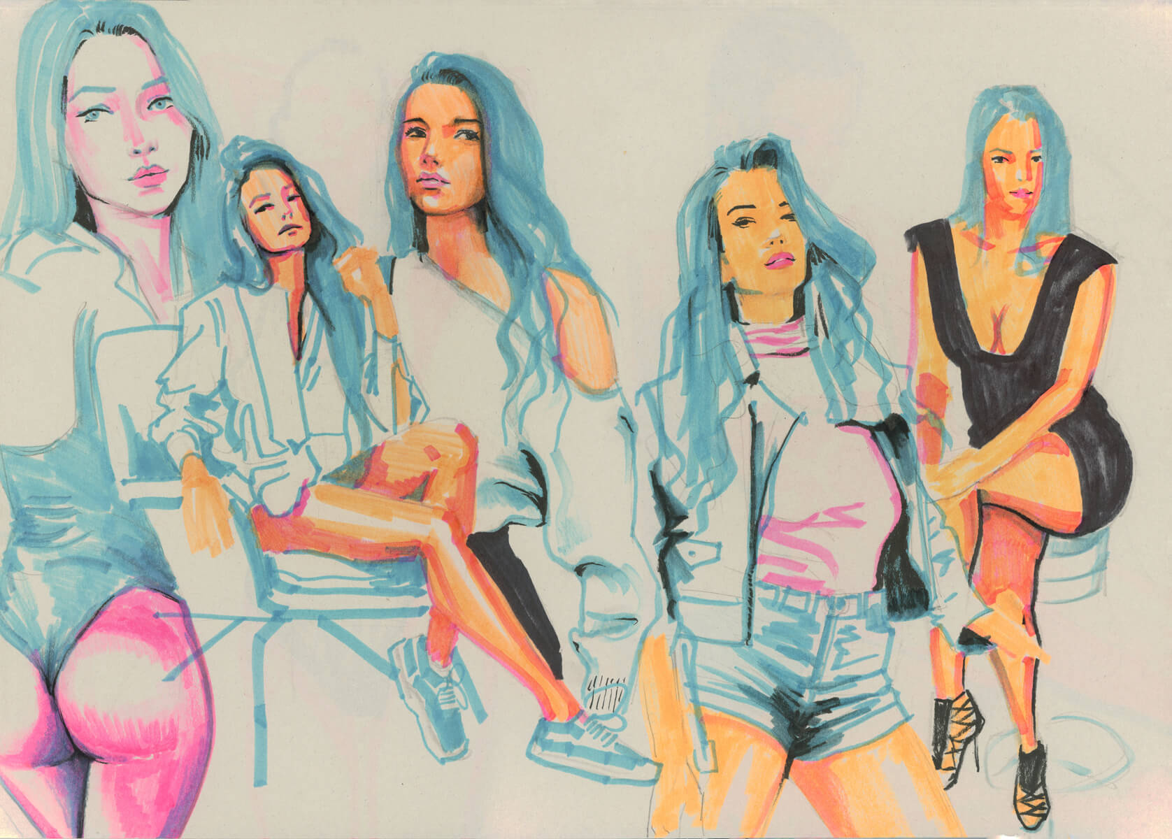 girl in different poses portrait marker drawing