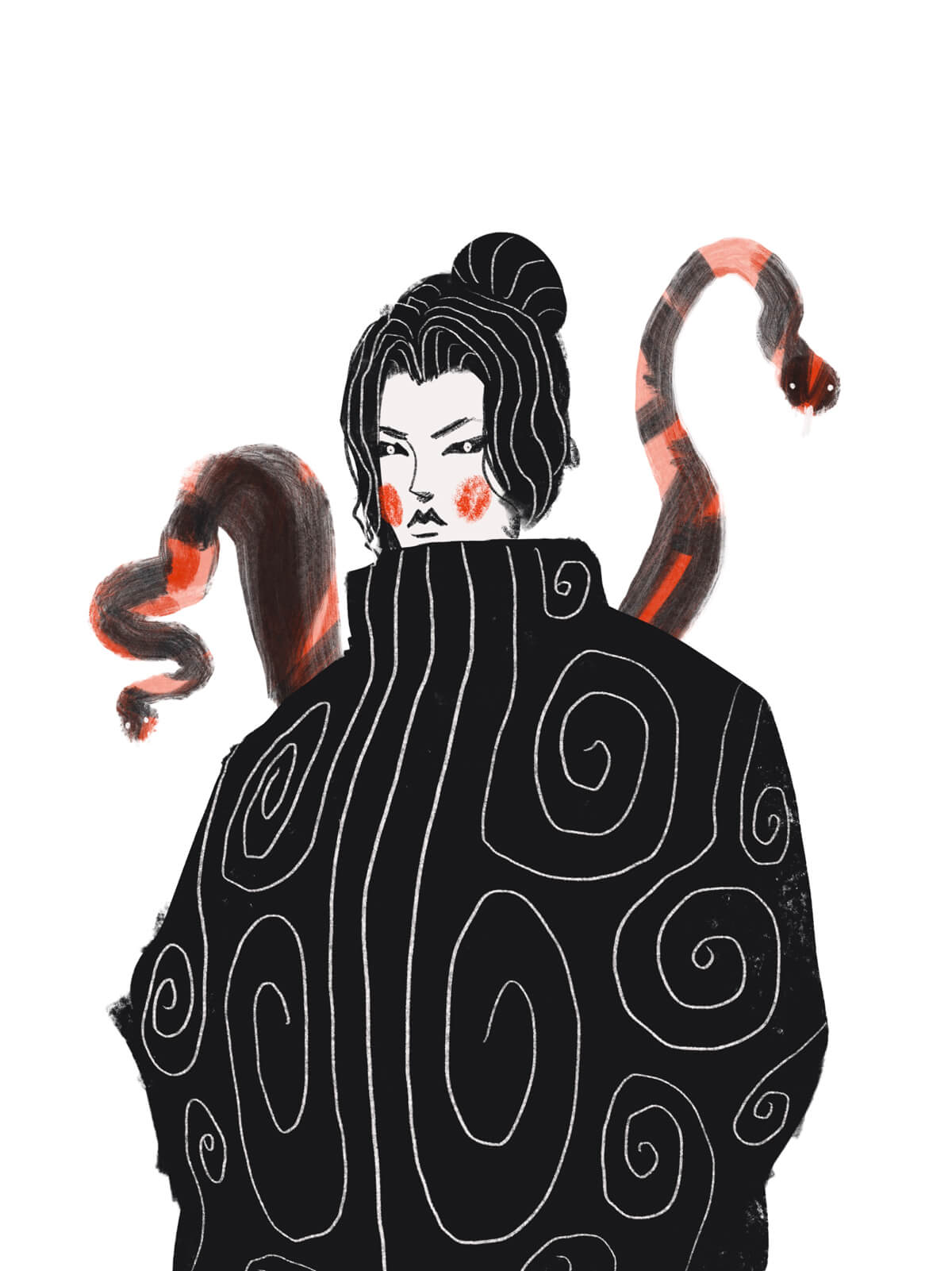 snake girl, woman with red cheeks and two snakes behind her, in black ornamented dress. Lady in Red Cape style.