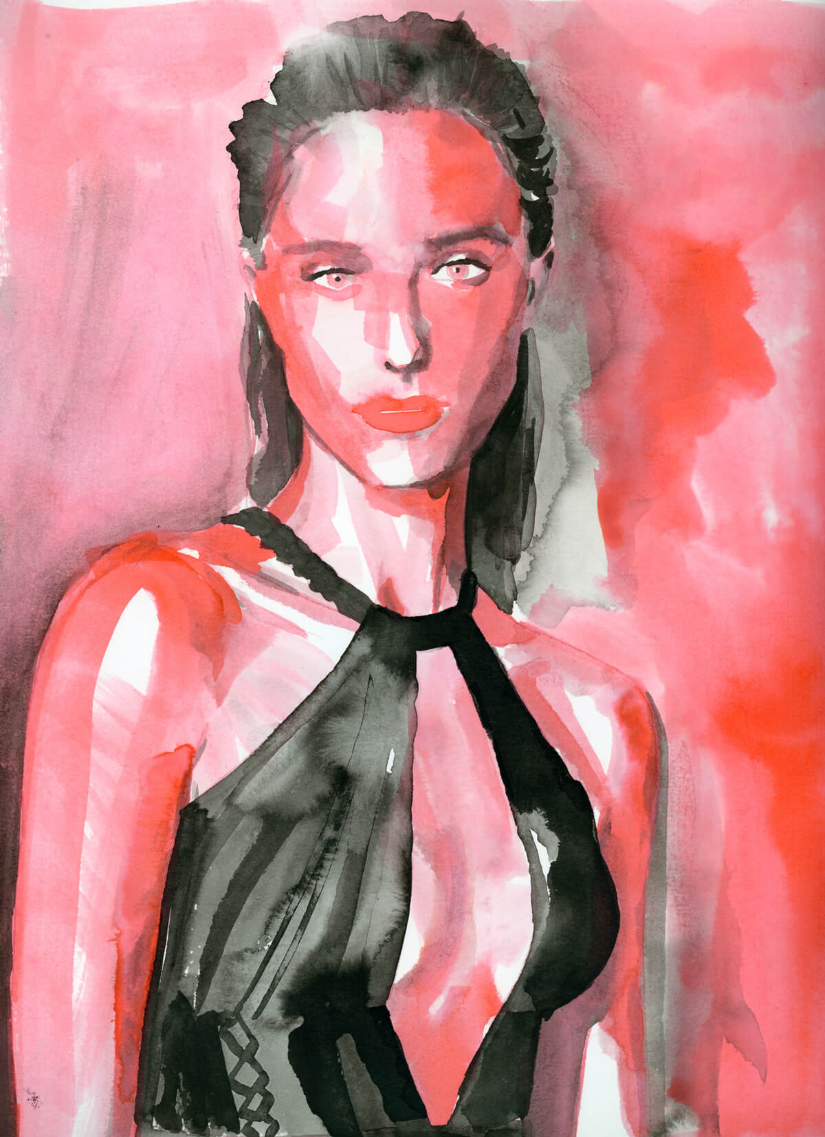 woman in red and black ink