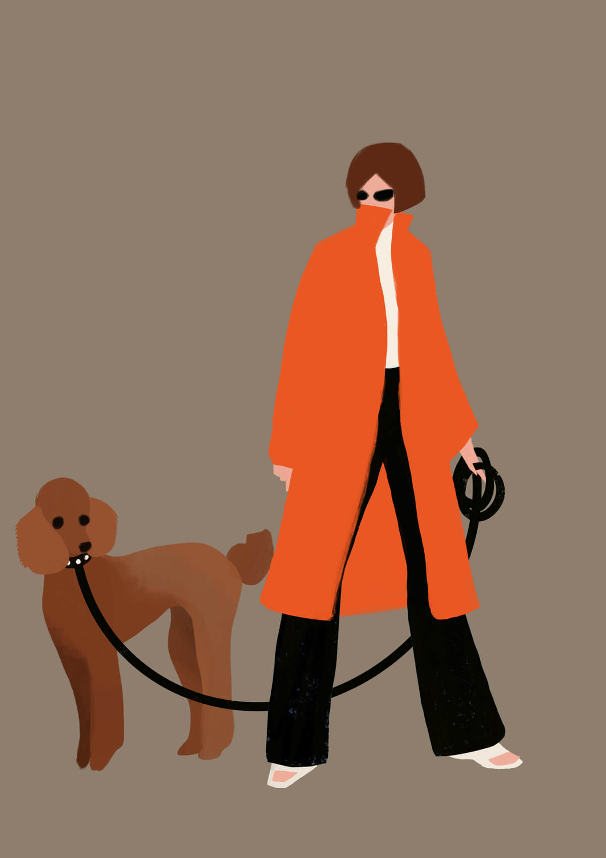 Woman with brown poudle on a leash. For the Brand Top Dog Cool Cat.